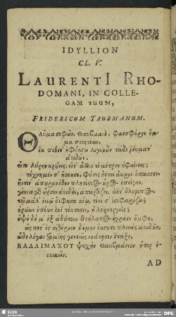 Idyllion CL. V. Laurenti[i] Rhodomani, In Collegam Suum, Fridericum Taubmanum