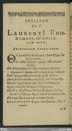 Idyllion CL. V. Laurenti[i] Rhodomani, In Collegam Suum, Fridericum Taubmanum
