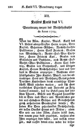 XII. Kaisers Karls des VI. Verordnung wegen des Reichshofraths de Anno 1714.
