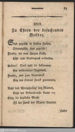 XXIX. Zu Ehren der besuchenden Brüder