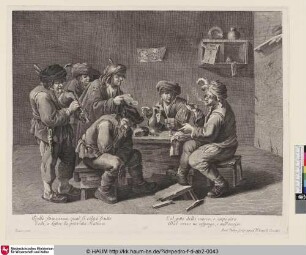 [Genreszene mit Sänger und Musikanten an einem Tisch vortragend]