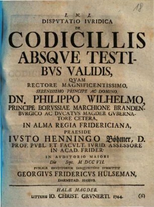Disputatio iuridica de codicillis absque testibus validis