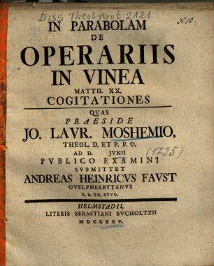 In Parabolam De Operariis In Vinea Matth. XX. Cogitationes