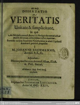 Dissertatio de veritatis unitate et simplicitate