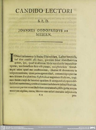 Candido Lectori S.P.D. Joannes Godofredus De Meiern