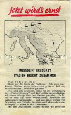 Abwurf-Flugblatt der Alliierten zu den Folgen des Sturzes von Mussolini