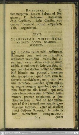 XXXIX. Clarissimo Viro Dom. Antonio Cooko Ioannes Sturmius