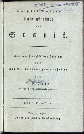 Gaspard Monge's Anfangsgründe der Statik : Mit 5 Kupfern