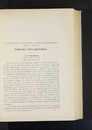 Abteilung für Augenkrankheiten. (Oberarzt Dr. Mannhardt.) Coloboma sclero-chorioideae. Von Dr. F. Mannhardt, Oberarzt der Augen.Abteilung. (Hierzu Tafel II, III, IV.)