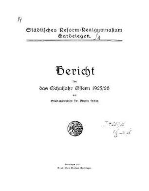1925/26: Bericht über das Schuljahr ... - 1925/26