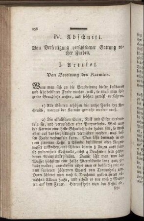 IV. Abschnitt. Von Verfertigung verschiedener Gattung rother Farben.