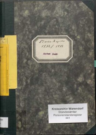 Sterberegister des Standesamtes Beckum-Stadt von 1892 (Urkunden-Nr. 1-125) und von 1893 (Urkunden-Nr. 1-134)