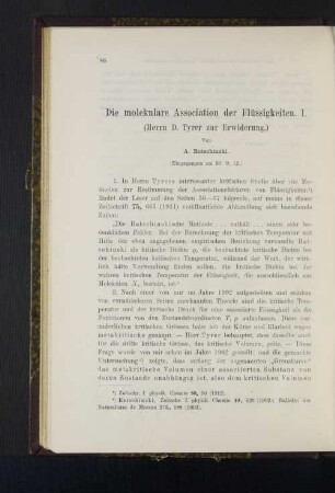 Die molekulare Association der Flüssigkeiten. I. (Herrn D. Tyrer zur Erwiderung.)