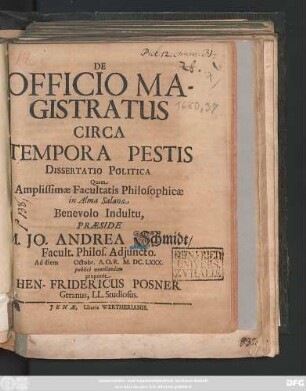 De Officio Magistratus Circa Tempora Pestis Dissertatio Politica