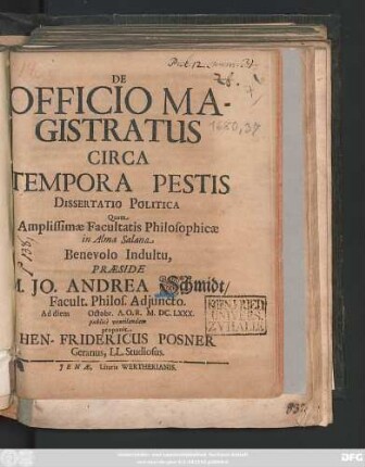 De Officio Magistratus Circa Tempora Pestis Dissertatio Politica
