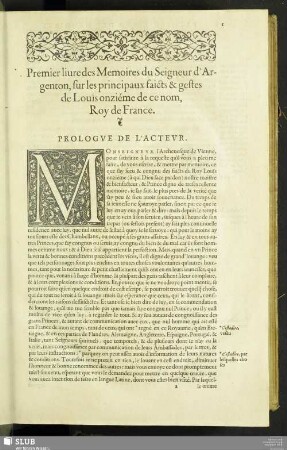 Premier Livre Des Memoire du Seigneur d' Argenton, sur les principaux faicts & gestes de Louis onziéme de ce non Roy de France