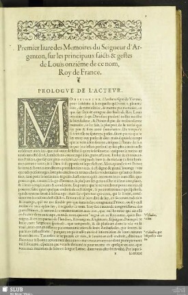 Premier Livre Des Memoire du Seigneur d' Argenton, sur les principaux faicts & gestes de Louis onziéme de ce non Roy de France
