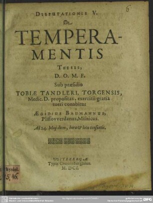 Disputationis V. De temperamentis : Theses