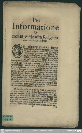 Pro Informatione Die angeblich-Werheimische Religions-Gravamina betreffend : [Dat. 22. Octobr. 1739]