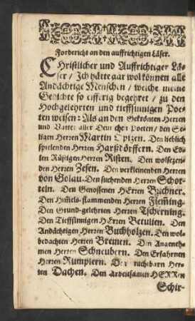 Forbericht an den auffrichtigen Läser.