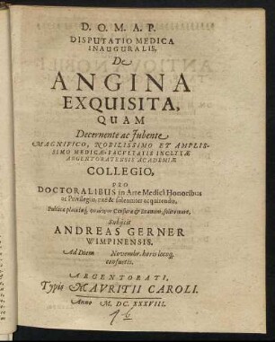 Disputatio Medica Inauguralis, De Angina Exquisita