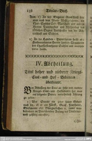 IV. Abtheilung. Titul hoher und niederer Kriegs-Civil- und Hof-Bedienten überhaupt