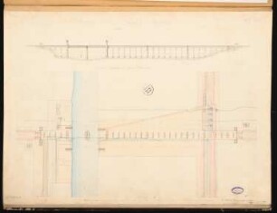 Überführung eines Kanals über einen Fluss Schinkelwettbewerb 1859: Lageplan mit Pfeileranordnung; Aufriss Seitenansicht 1:800; Maßstabsleiste