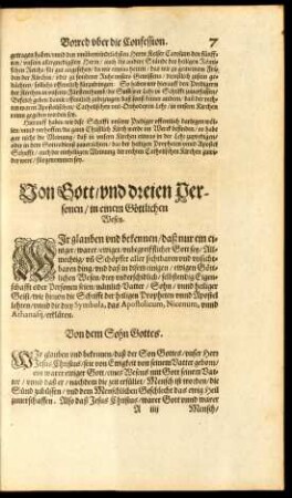 Von Gott/ und dreien Personen/ in einem Göttlichen Wesen.