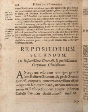 Repositorium Secundum. De Resurectione Generalis, & perfectionibus Corporum Gloriosorum.