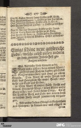 Einige schöne neue geistreiche Lieder/ welche nebst vielen andern an dem zweyten Jubel-Fest gesungen worden.