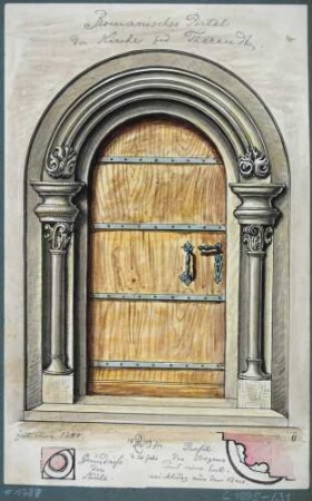 Ansicht des romanischen Portals an der Stadt- und Bergkirche in Tharandt mit zwei kleinen Skizzen hierzu