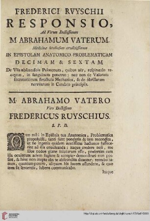 Frederici Ruyschii responsio, ad virum doctissimum M. Abrahamum Vaterum […]