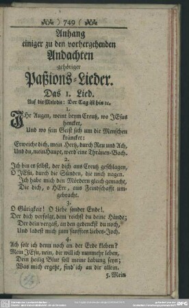 Anhang einiger zu den vorhergehenden Andachten gehöriger Paßions-Lieder