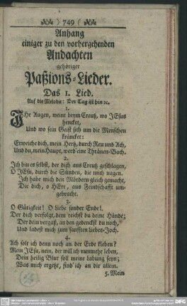 Anhang einiger zu den vorhergehenden Andachten gehöriger Paßions-Lieder