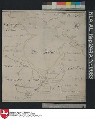 Der Dollart mit den angrenzenden Gebieten in Ostfriesland und den Niederlanden Kolorierte Zeichnung von J. H. Magott Papier Format 39,0x41,4 M 1:70.000