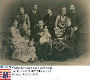 Thiersch, Familie / Gruppenaufnahme in Raumkulisse / v.l.n.r.: sitzend Amalie v. Harnack geb. Thiersch (1858-1938); zu ihren Füßen sitzend: Tochter Anna (Anni) Frucht geb. v. Harnack (* 1881); Geschwister Lina Delbrück geb. Thiersch (1865-1943); Dr. med. Justus Thiersch (1859-1937); sitzend Ehemann Prof. Dr. Adolf v. Harnack (1851-1930) mit Tochter Margarethe (Grete, 1882-1890) auf dem Schoß; Geschwister Prof. Dr. Friedrich Thiersch (1868-1954); Agnes Hesse geb. Thiersch (1863-1954) und Ehemann Prof. Dr. med. Friedrich Ludwig Hesse (1849-1906), davor sitzend: Johanna Rassow geb. Thiersch (* 1861)