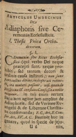 Articulus Undecimus De Adiaphoris sive Ceremoniis Ecclesiasticis