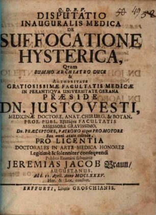 Disputatio Inauguralis Medica De Suffocatione Hysterica