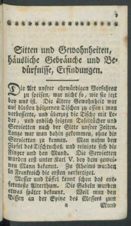 Sitten und Gewohnheiten, häusliche Gebräuche und Bedürfnisse, Erfindungen