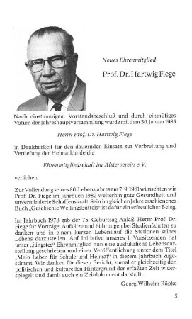 Neues Ehrenmitglied Prof. Dr. Hartwig Fiege