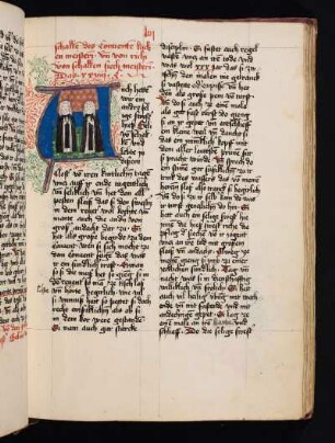 Historisierte Initiale: Beli und Richi von Schalken, stehend und betend, als Laienschwestern mit weißen Schleiern