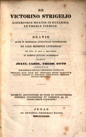 De Victorino Strigelio liberioris mentis in ecclesia Lutheria vindice