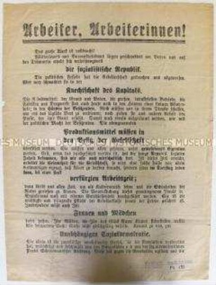 Flugblatt der USPD mit einem Aufruf zur Errichtung einer sozialistischen Republik