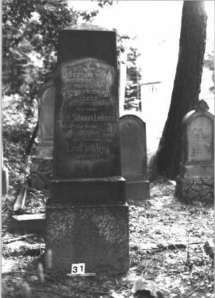 Grabstein 31 (Index: 99898743) Material: Sandstein Zustand: hebräische Inschrift völlig verwittert, deutsche Inschrift stark verwittert Maße HxBxT: 120x46x17 cm Beschreibung: aufgesockelte Stele mit Rundbogenabschluss, Sockel felsartig gearbeitet: Grabstein 31