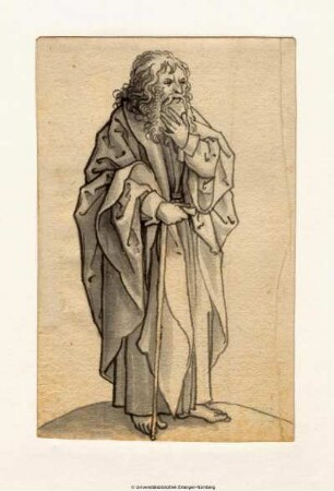Greis (Apostel?), halb nach rechts, in der Rechten einen Wanderstab, die linke am Bart