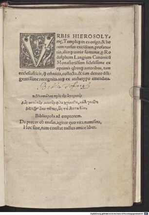 Urbis Hierosolym[a]e, Templiq[ue] in ea origo, & horum rursus excidium, profanatio, aliaeq[ue] variae fortunae