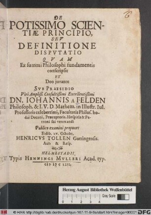 De Potissimo Scientiae Principio, Seu Definitione Disputatio