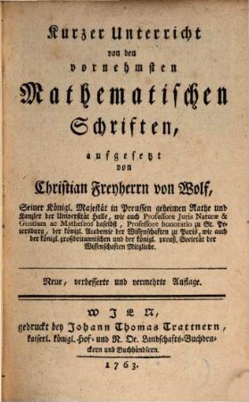 Kurzer Unterricht von den vornehmsten mathematischen Schriften