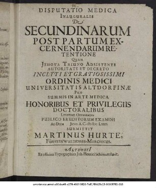 Disputatio Medica Inauguralis De Secundinarum Post Partum Excernendarum Retentione