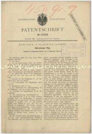 Patentschrift eines mehrscharigen Pfluges, Patent-Nr. 15936